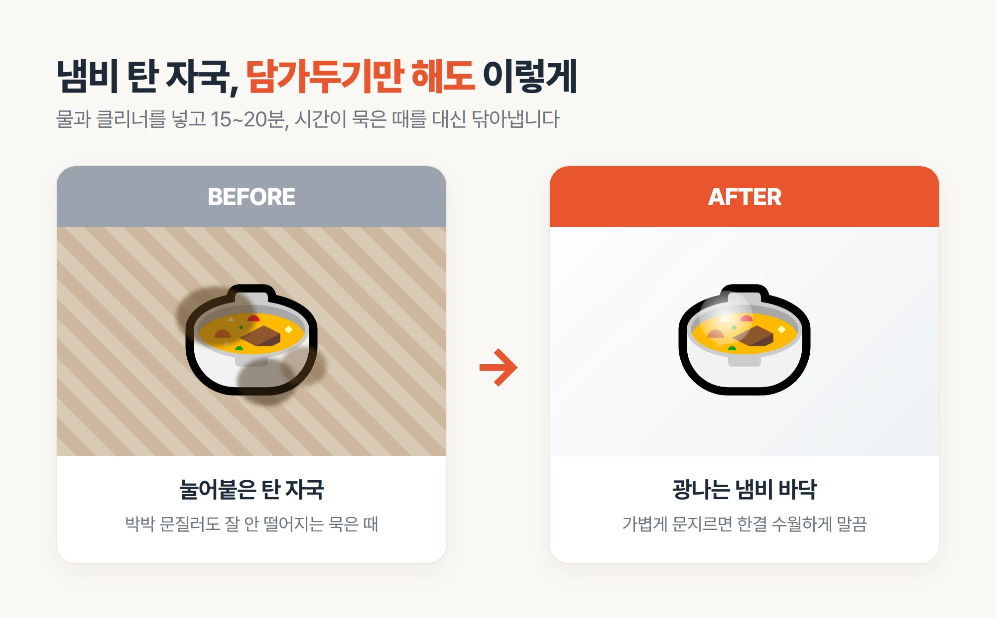 냄비 탄 자국을 다목적 클리너로 담가 제거한 전후 비교