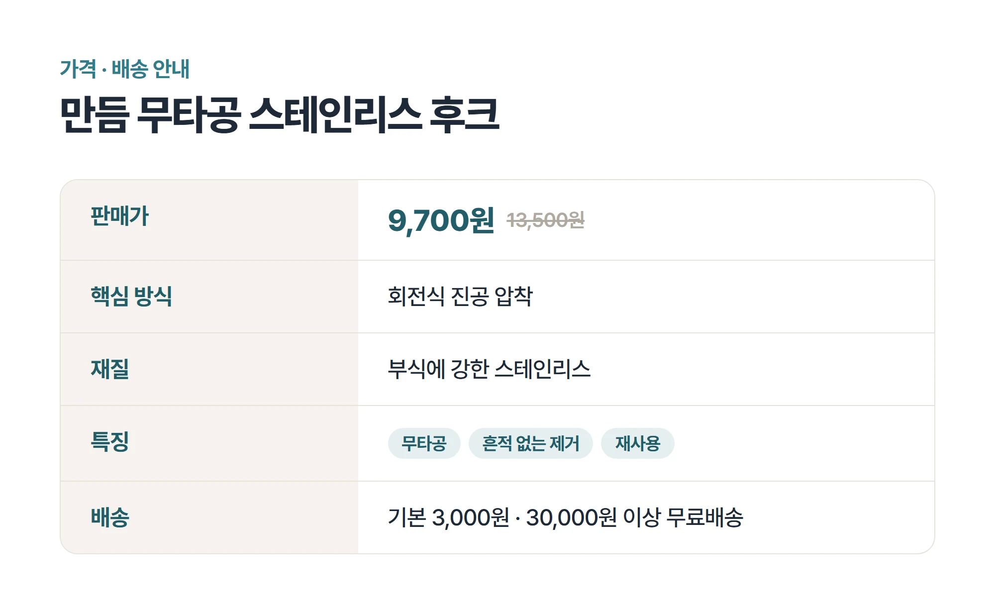 판매가 9,700원과 재질·배송 정보를 정리한 만듬 무타공 스테인리스 후크 가격 안내표